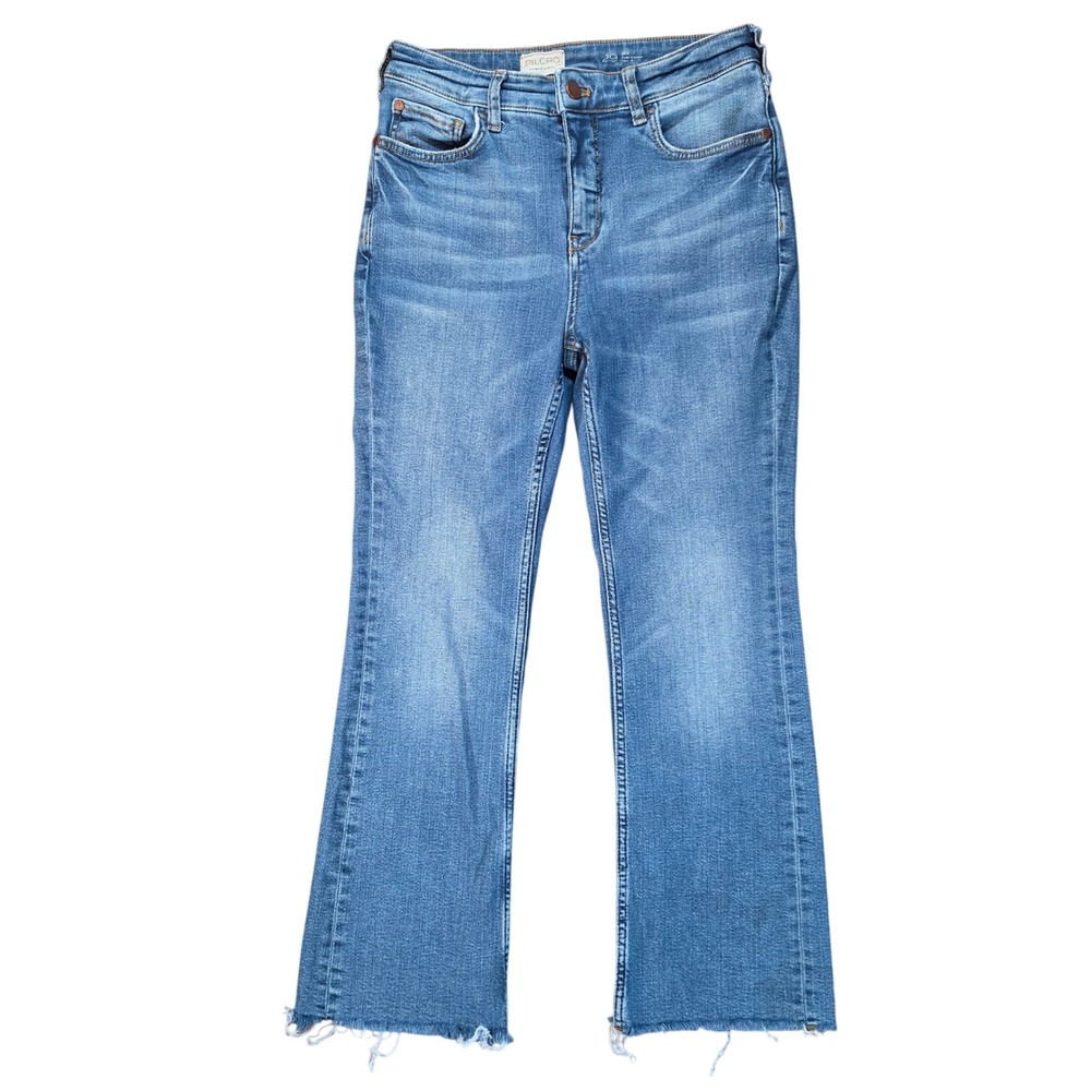 Pilcro The Yaya High Rise Slim Kick Flare Jeans Blue Raw Hem Womens 29